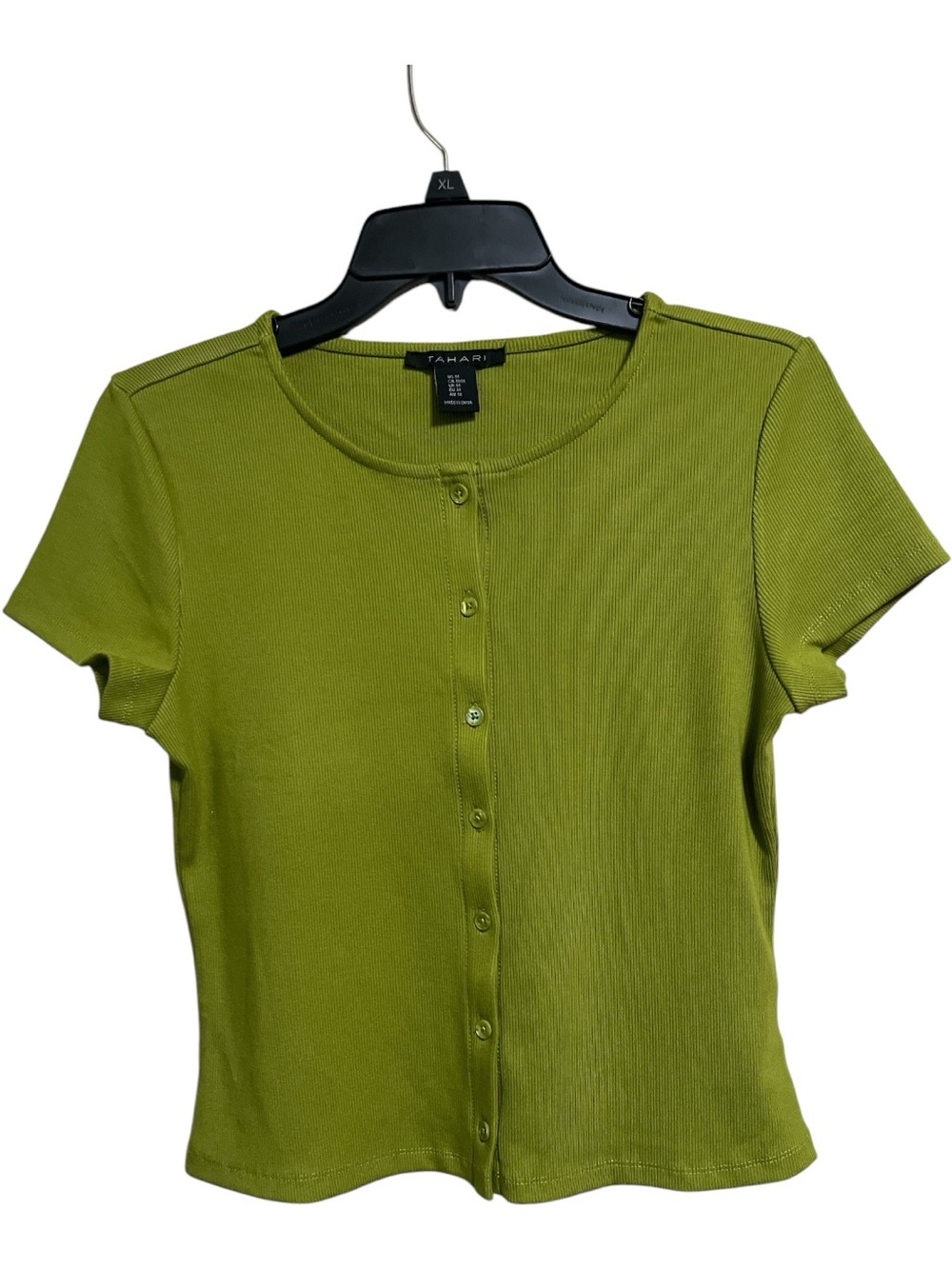 Tahari Olive Green Ribbed Short Sleeve Button-Front Top
